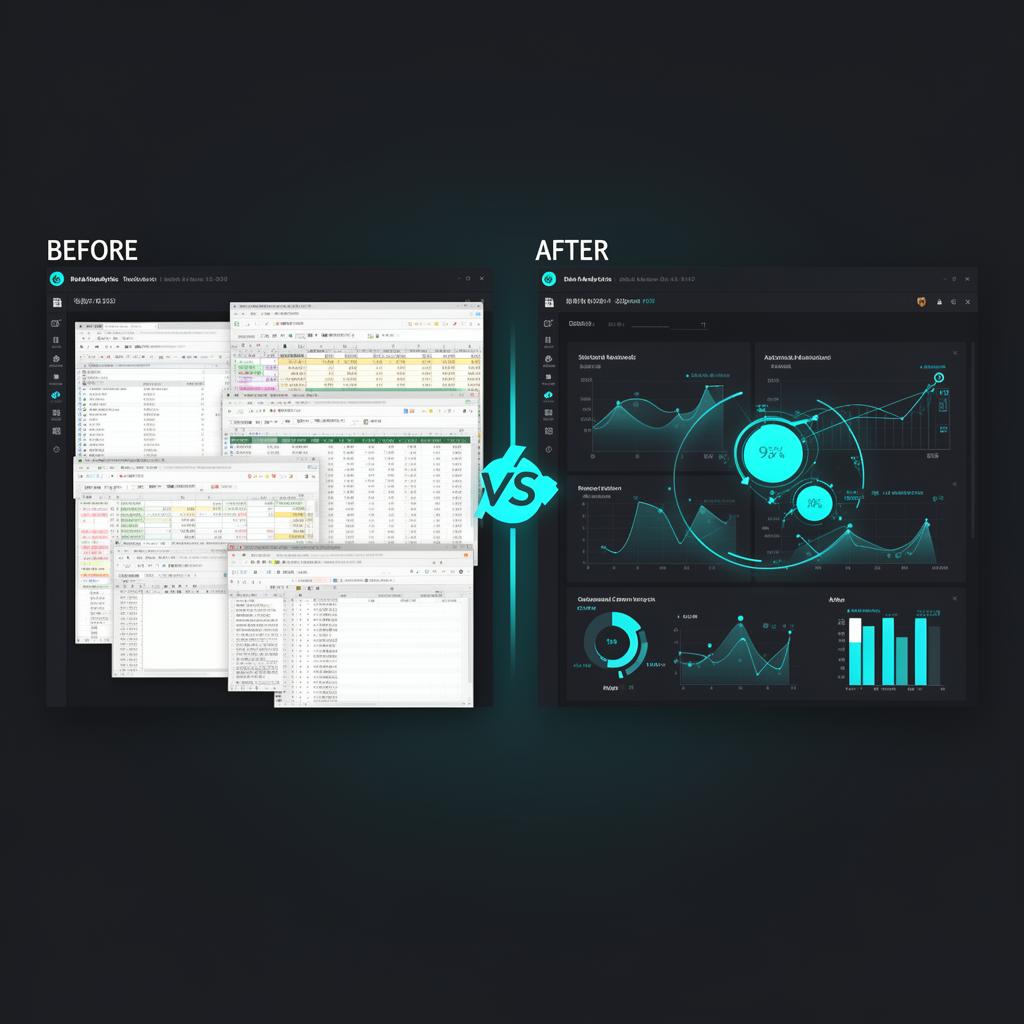Before and after comparison showing transformation from manual spreadsheets to automated dashboard